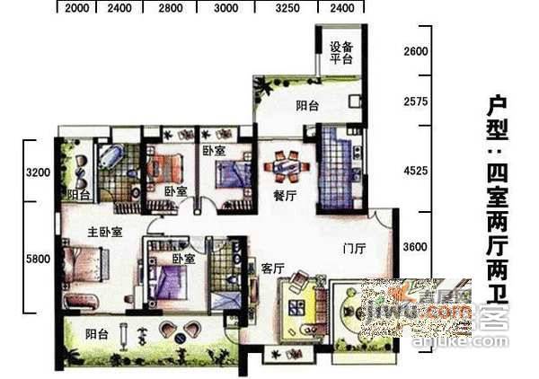 深圳水榭花都4室2厅2卫户型图_首付金额_4室2厅2卫_203.