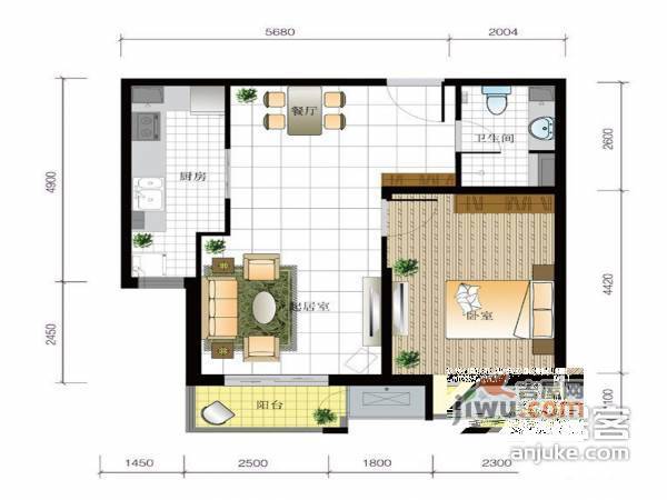 北京城建世华泊郡1室1厅1卫66㎡户型图