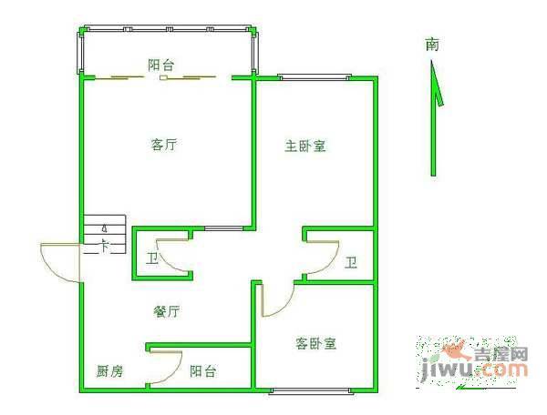 卧龙小区2室1厅2卫102㎡户型图