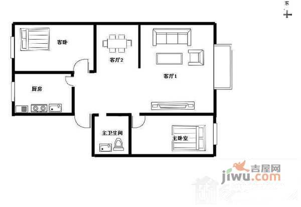 南十里居2室2厅1卫85㎡户型图