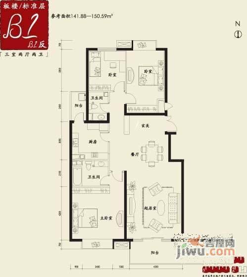 大河庄苑3室2厅2卫138㎡户型图