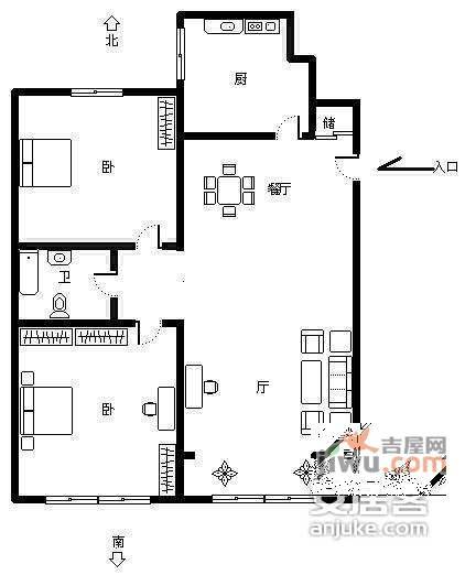 北纬40度2室1厅1卫103㎡户型图