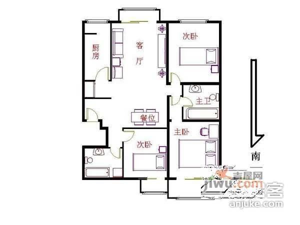 蜂鸟社区2室1厅1卫90㎡户型图