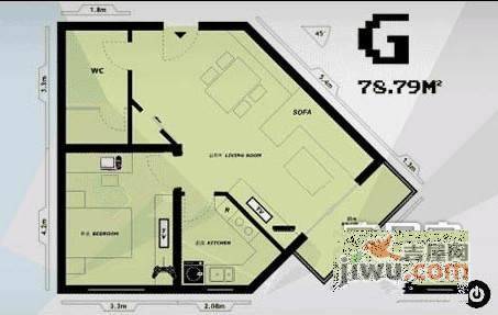 蜂鸟社区2室1厅1卫90㎡户型图