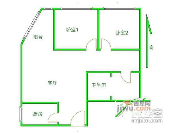 晓月苑五里2室2厅1卫97㎡户型图