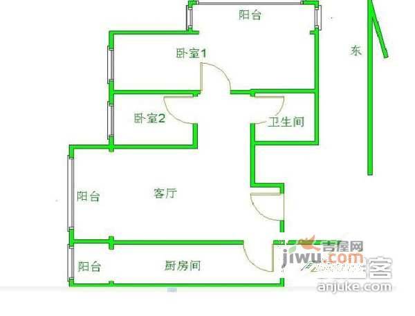 晓月苑五里2室1厅1卫121㎡户型图