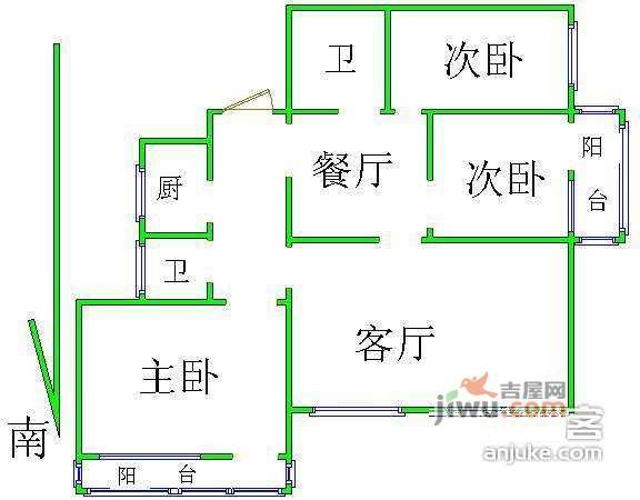 团结湖北口3室1厅1卫102㎡户型图