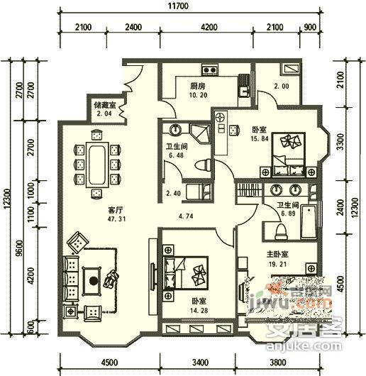 蓝堡国际公寓3室2厅2卫207㎡户型图
