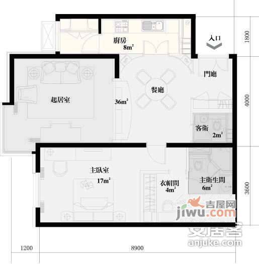 荣尊堡国际俱乐部公寓1室2厅2卫105㎡户型图