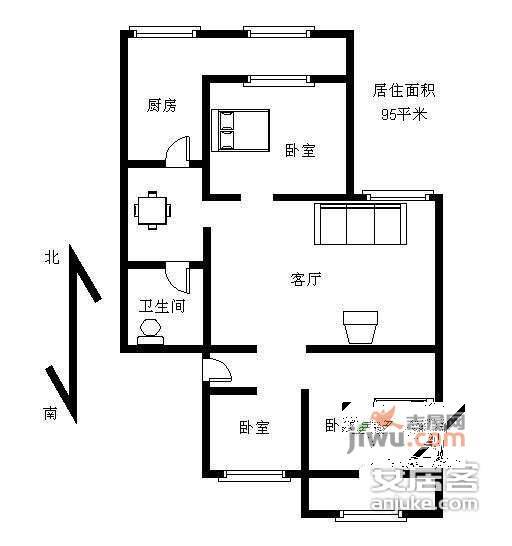 育新花园3室1厅1卫103㎡户型图