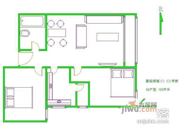 嘉铭桐城A区2室1厅2卫103㎡户型图