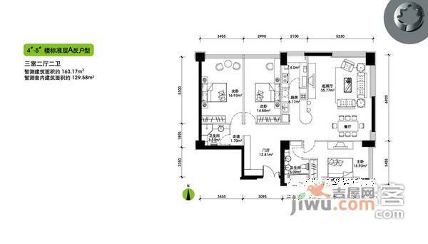 嘉铭桐城A区3室2厅2卫178㎡户型图