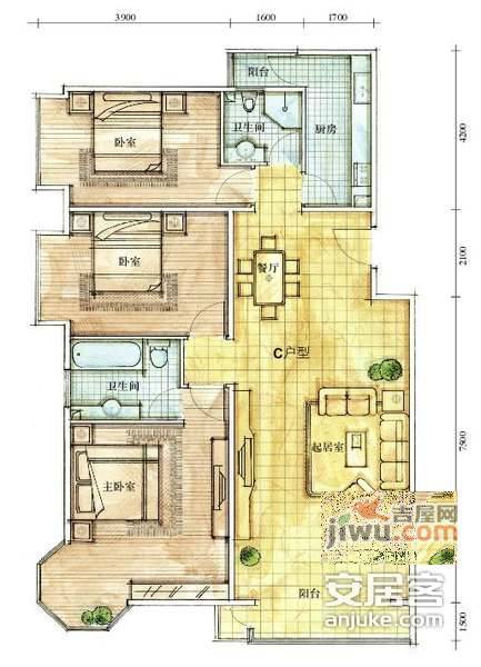 美然绿色家园3室2厅2卫150㎡户型图