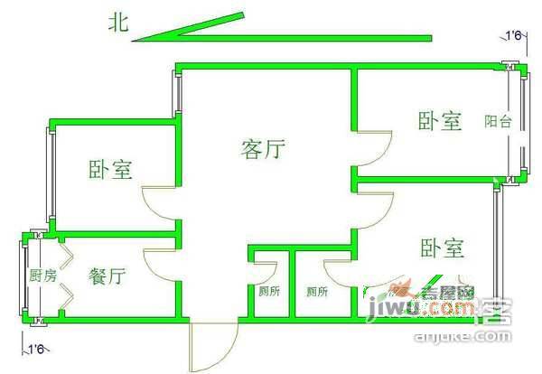 裕龙花园六区3室1厅1卫155㎡户型图