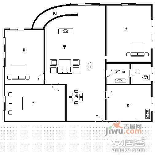 幸福东区3室1厅1卫102㎡户型图