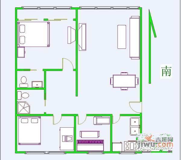 金一区2室2厅1卫90㎡户型图