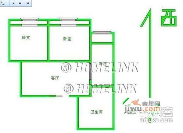 上地城铁朱房村2室1厅1卫57㎡户型图