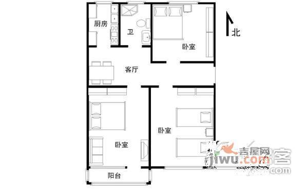 太极小区3室1厅1卫92㎡户型图