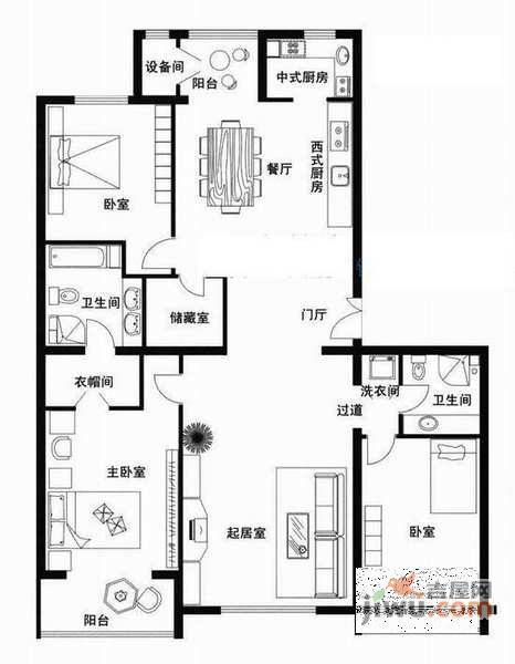 西屋国际公寓3室2厅2卫198㎡户型图