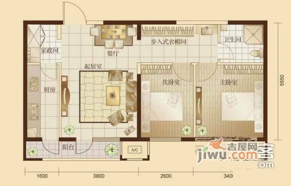 万年花城五期2室2厅1卫90㎡户型图