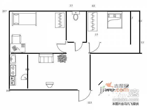 右外东庄2室1厅1卫74㎡户型图