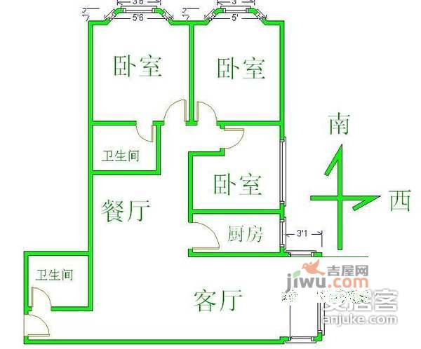 明月嘉园3室2厅2卫126㎡户型图