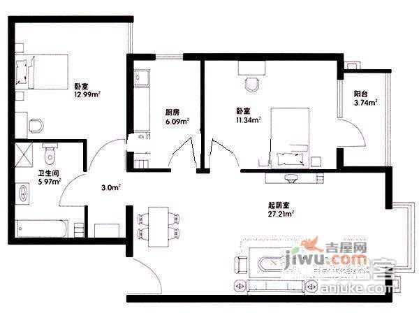 首座绿洲2室2厅1卫115㎡户型图