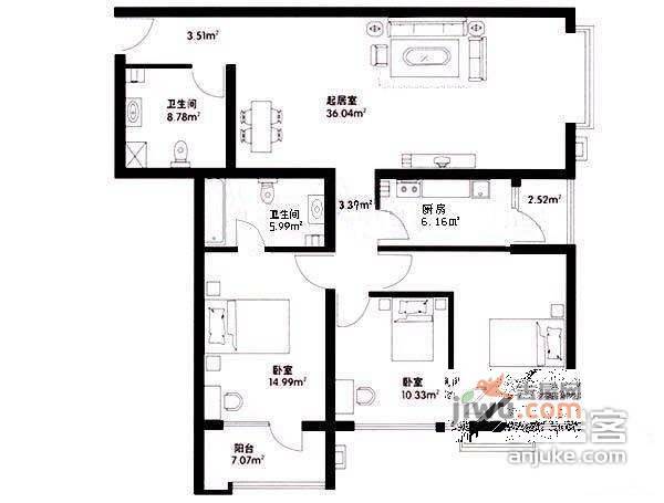 首座绿洲3室2厅2卫142㎡户型图