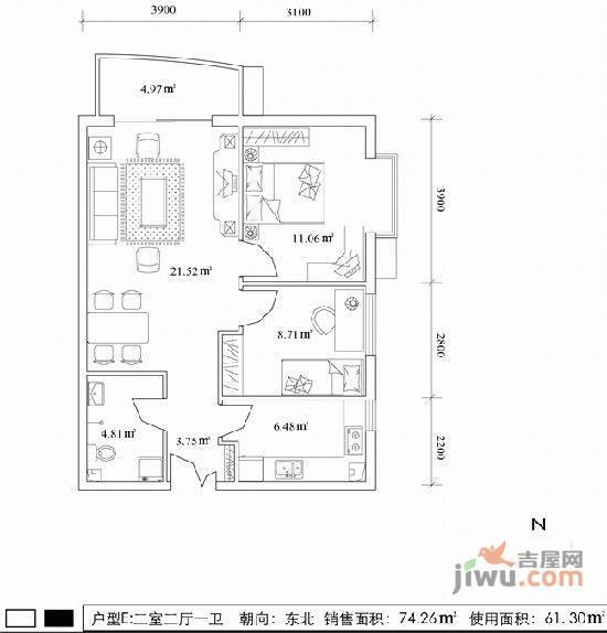 尚西泊图屋2室1厅1卫84㎡户型图