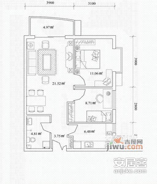 尚西泊图屋2室2厅1卫105㎡户型图