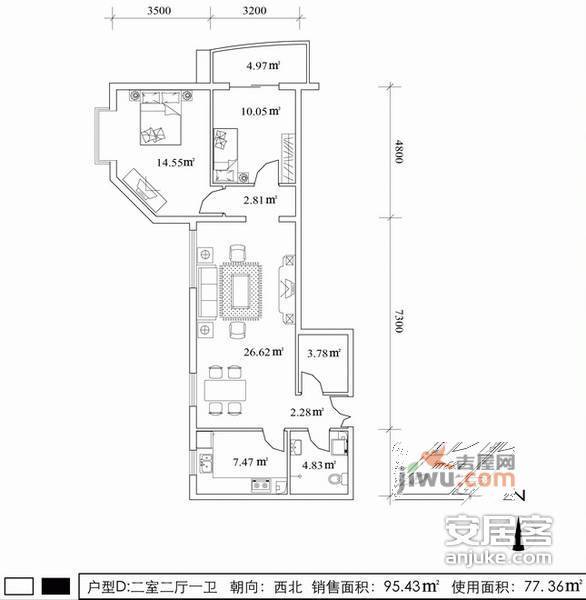 尚西泊图屋2室1厅1卫84㎡户型图