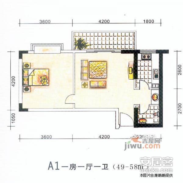 莲馨嘉园1室1厅1卫50㎡户型图