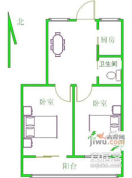 西罗园三区2室1厅1卫91㎡户型图