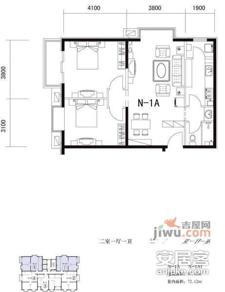 加州水郡2室1厅1卫125㎡户型图