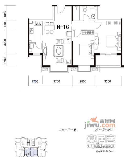 加州水郡2室1厅1卫125㎡户型图