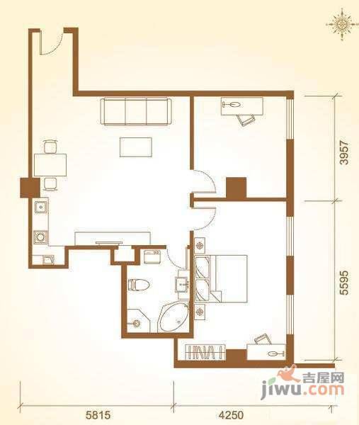 奥加国际公寓1室2厅1卫96㎡户型图