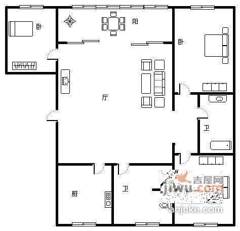 九龙山庄一区3室2厅2卫134㎡户型图