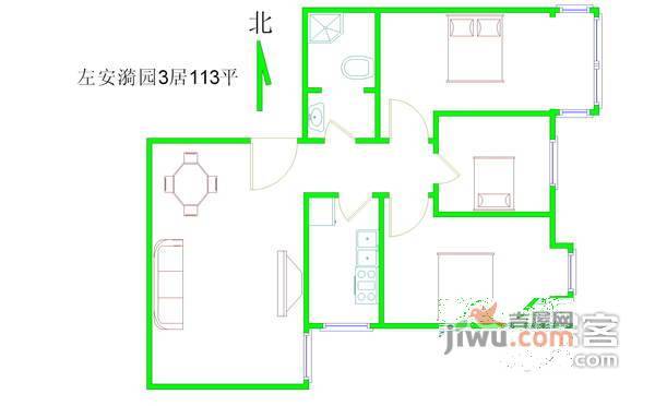 左安漪园3室2厅1卫111㎡户型图