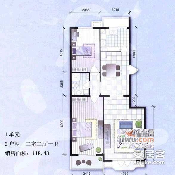 亚奥阳光2室2厅2卫121㎡户型图