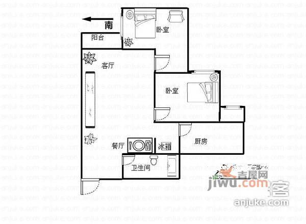 金蝉北里2室2厅1卫75㎡户型图