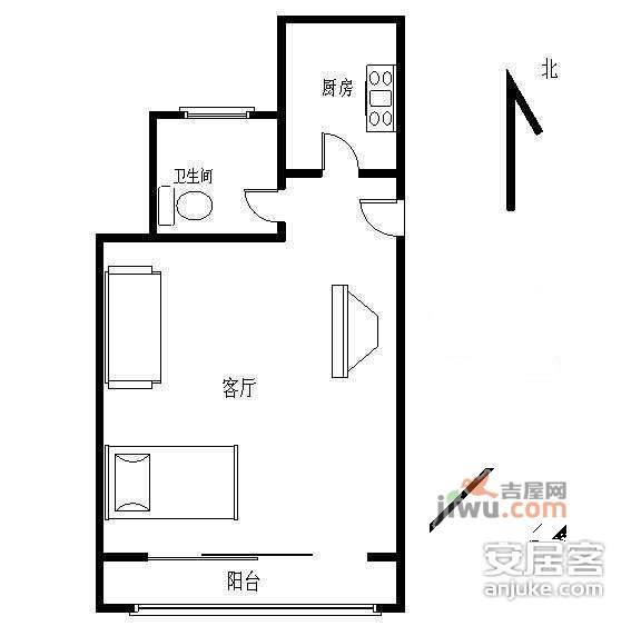 中日樱花园1室1厅1卫45㎡户型图