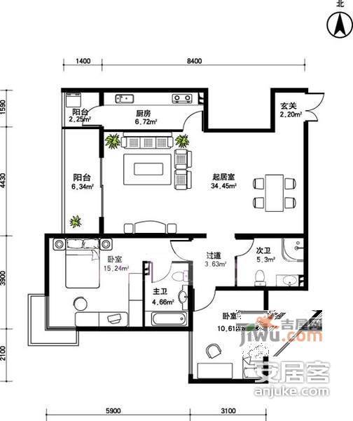 富仁名苑2室1厅1卫96㎡户型图