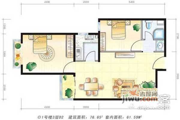 天之骄子2室2厅1卫110㎡户型图