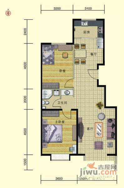 上坡嘉园2室2厅1卫96㎡户型图