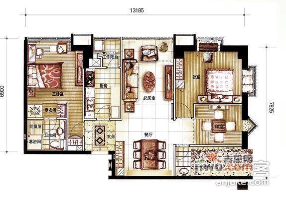 信堡水岸公馆2室2厅1卫101㎡户型图