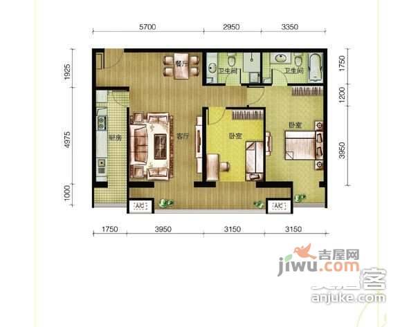 西豪逸景二期2室1厅1卫105㎡户型图