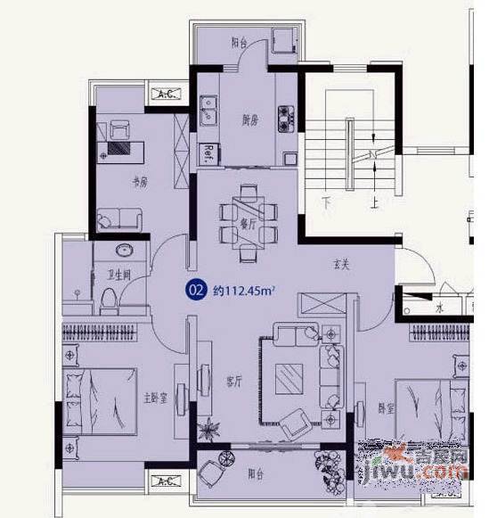 江桥万达广场3室2厅1卫129㎡户型图