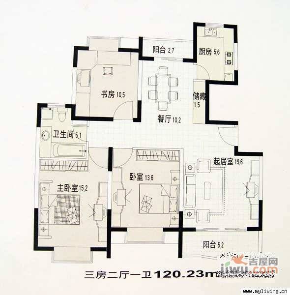 蔚蓝城市花园3室2厅1卫124㎡户型图