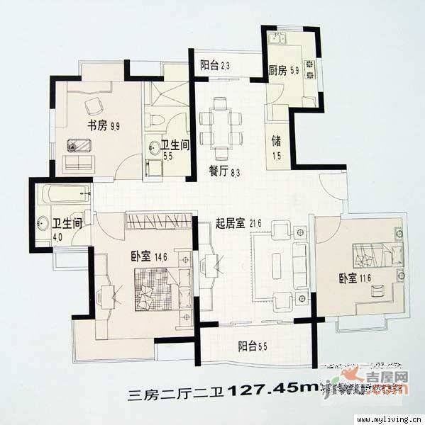 蔚蓝城市花园3室2厅2卫170㎡户型图