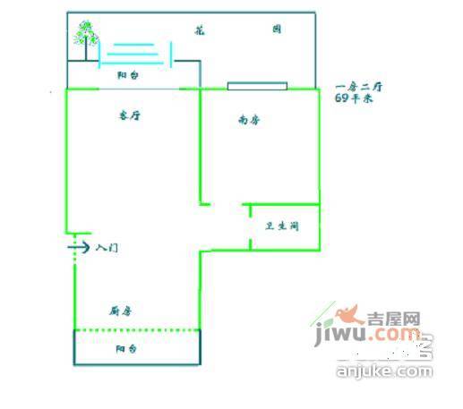 上海阳城1室2厅1卫50㎡户型图